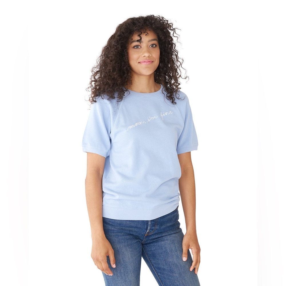 NWOT ban.do “Mom I'm Fine” Short Sleeve Light Blue Sweatshirt XXL - Picture 1 of 7